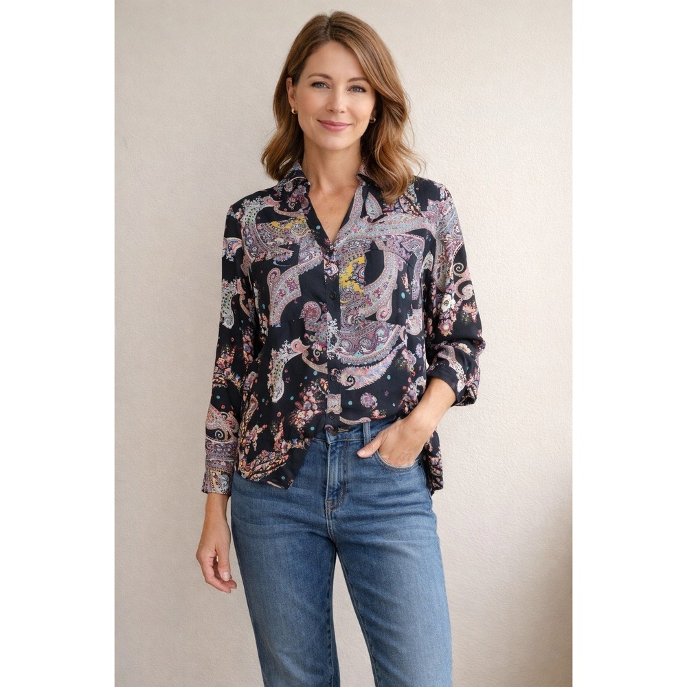 Express Portofino Paisley‎ Blouse Women S Black Pink Button Front Career Shirt